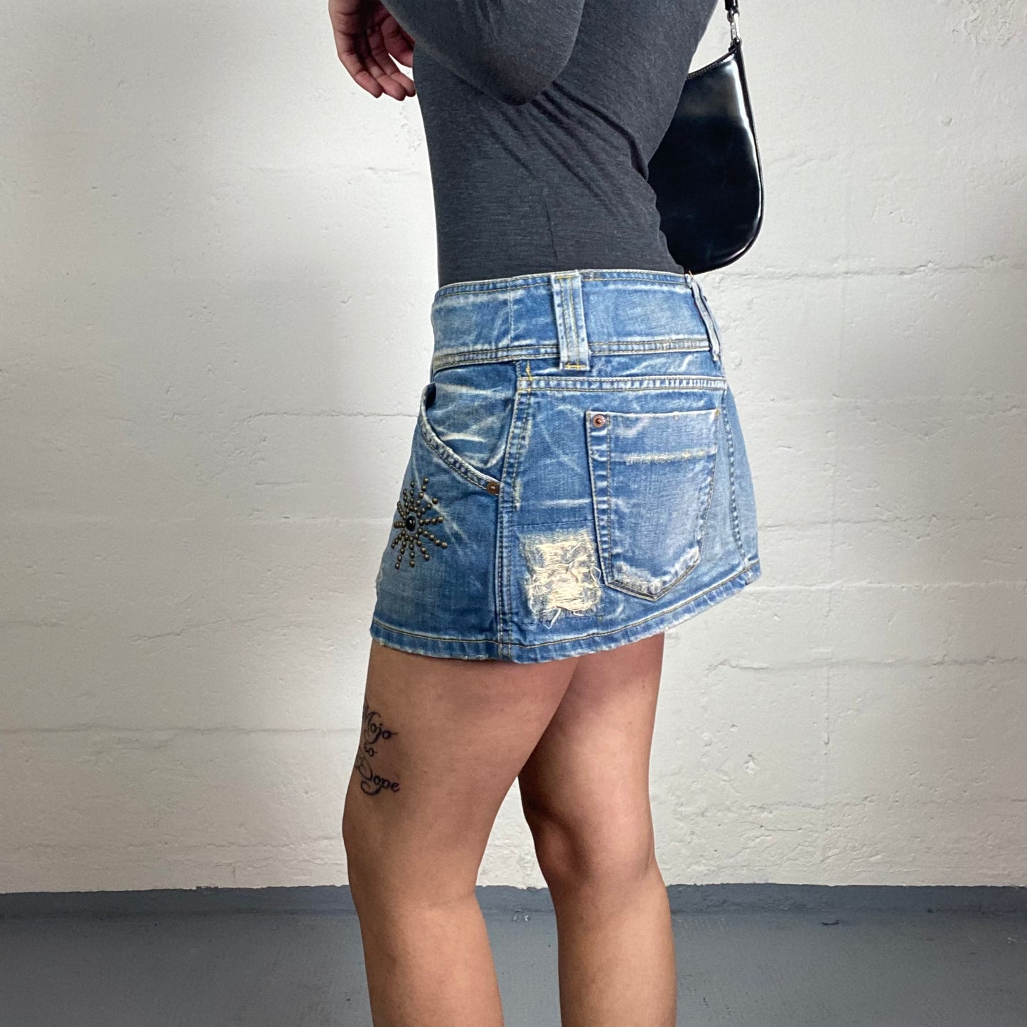 Vintage 2000's Cute Light Denim Micro Skirt with Ripped Effect Patches and Metal Embroidery (S)