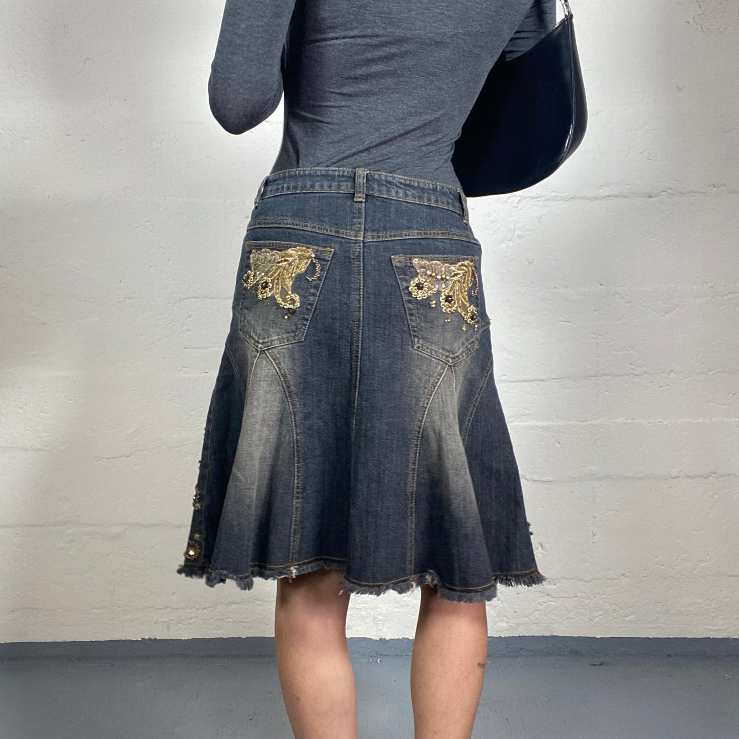 Vintage 2000's Boho Girl Dark Denim Dirty Effect Midi Skirt with Gold Sequins Embroidery (M)