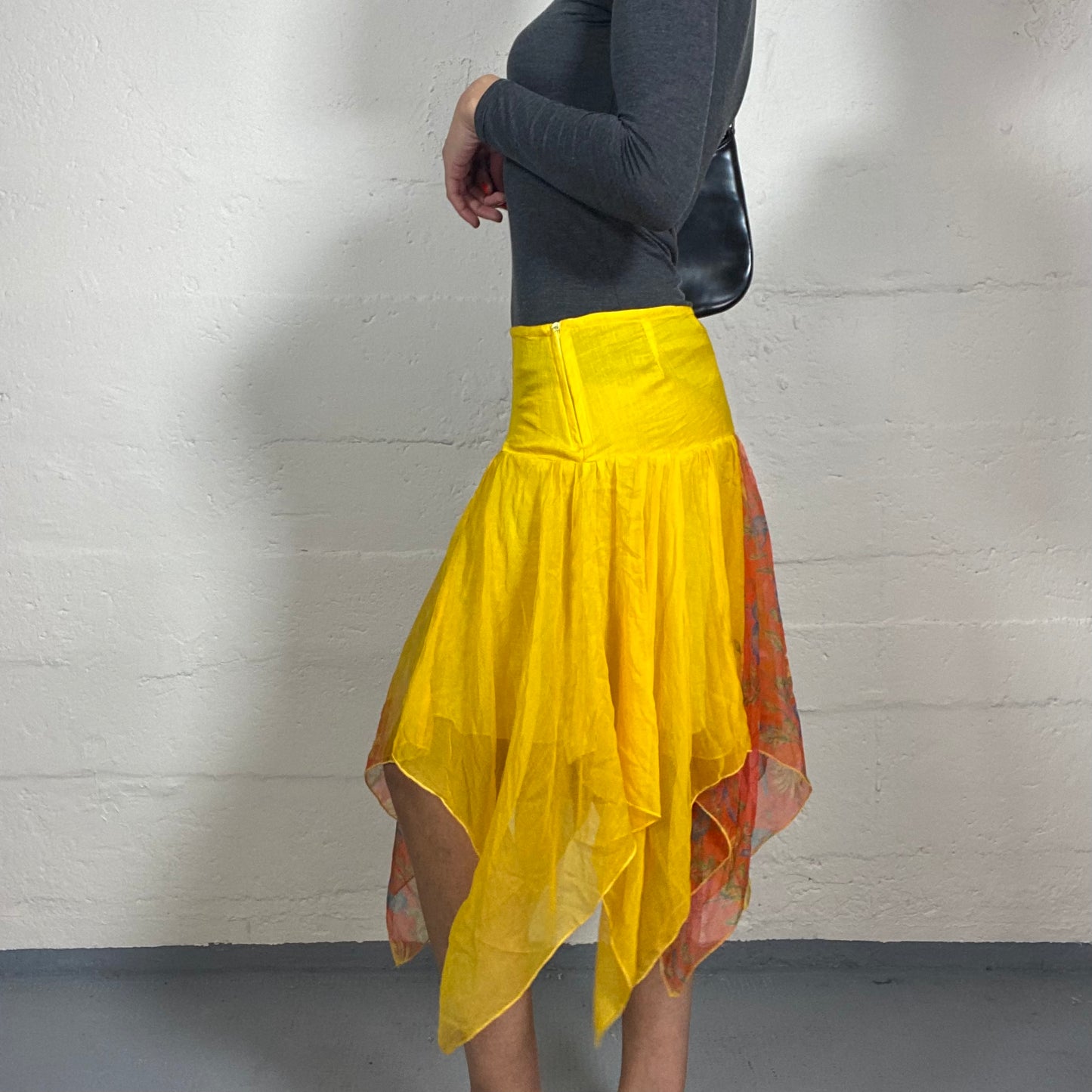 Vintage 2000's Sunflower Asymmetric Linen Yellow Midi Skirt with Orange Floral Print (S)