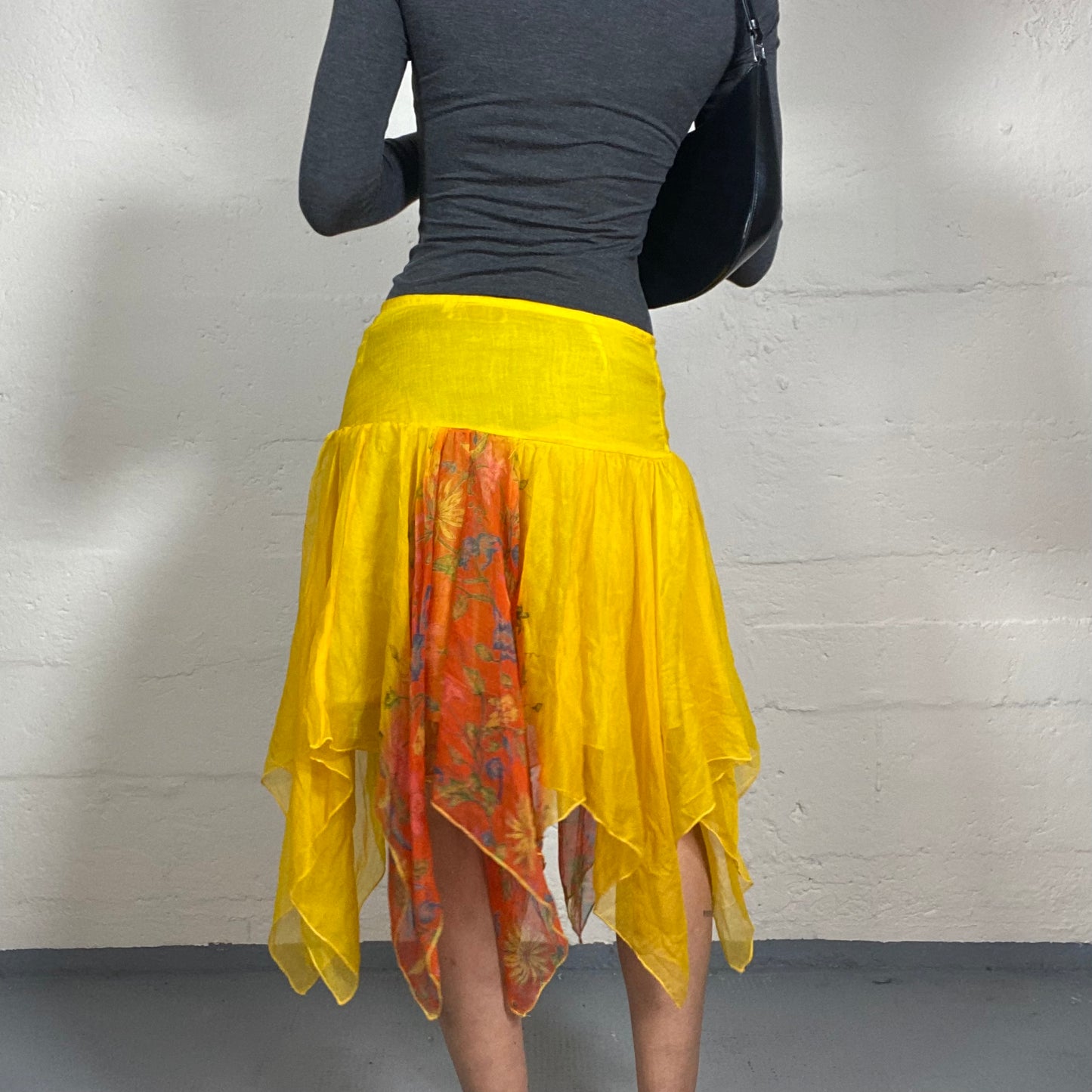 Vintage 2000's Sunflower Asymmetric Linen Yellow Midi Skirt with Orange Floral Print (S)