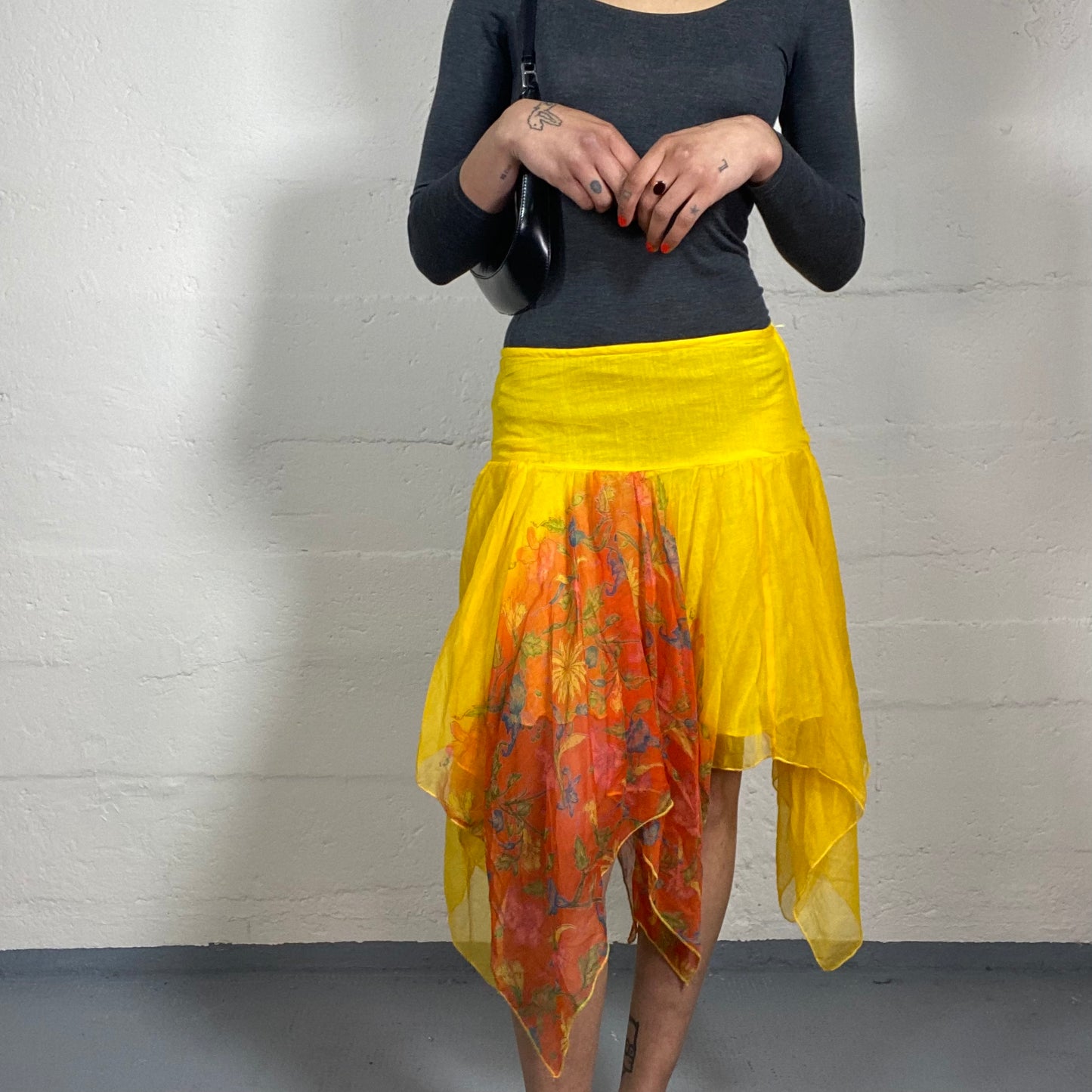 Vintage 2000's Sunflower Asymmetric Linen Yellow Midi Skirt with Orange Floral Print (S)