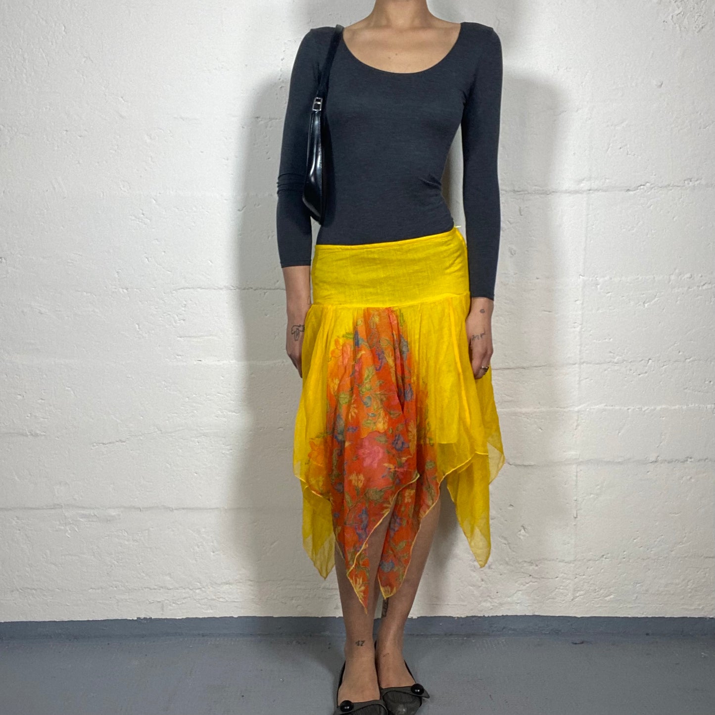 Vintage 2000's Sunflower Asymmetric Linen Yellow Midi Skirt with Orange Floral Print (S)