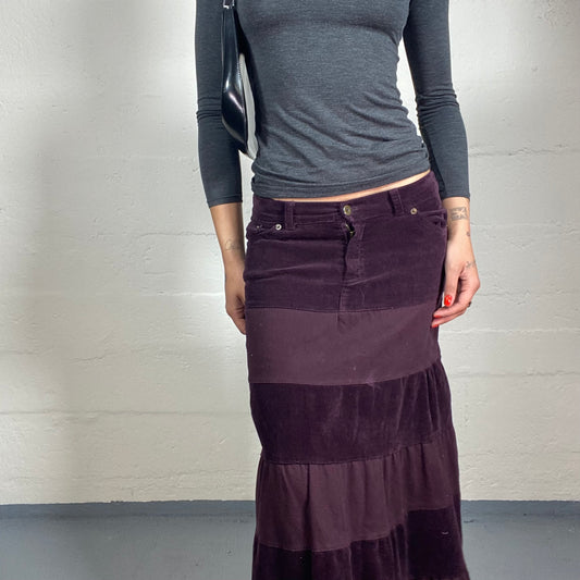 Vintage 2000's Vamp Girl Deep Purple Denim and Velvet Striped Ruffled Maxi Skirt (S)