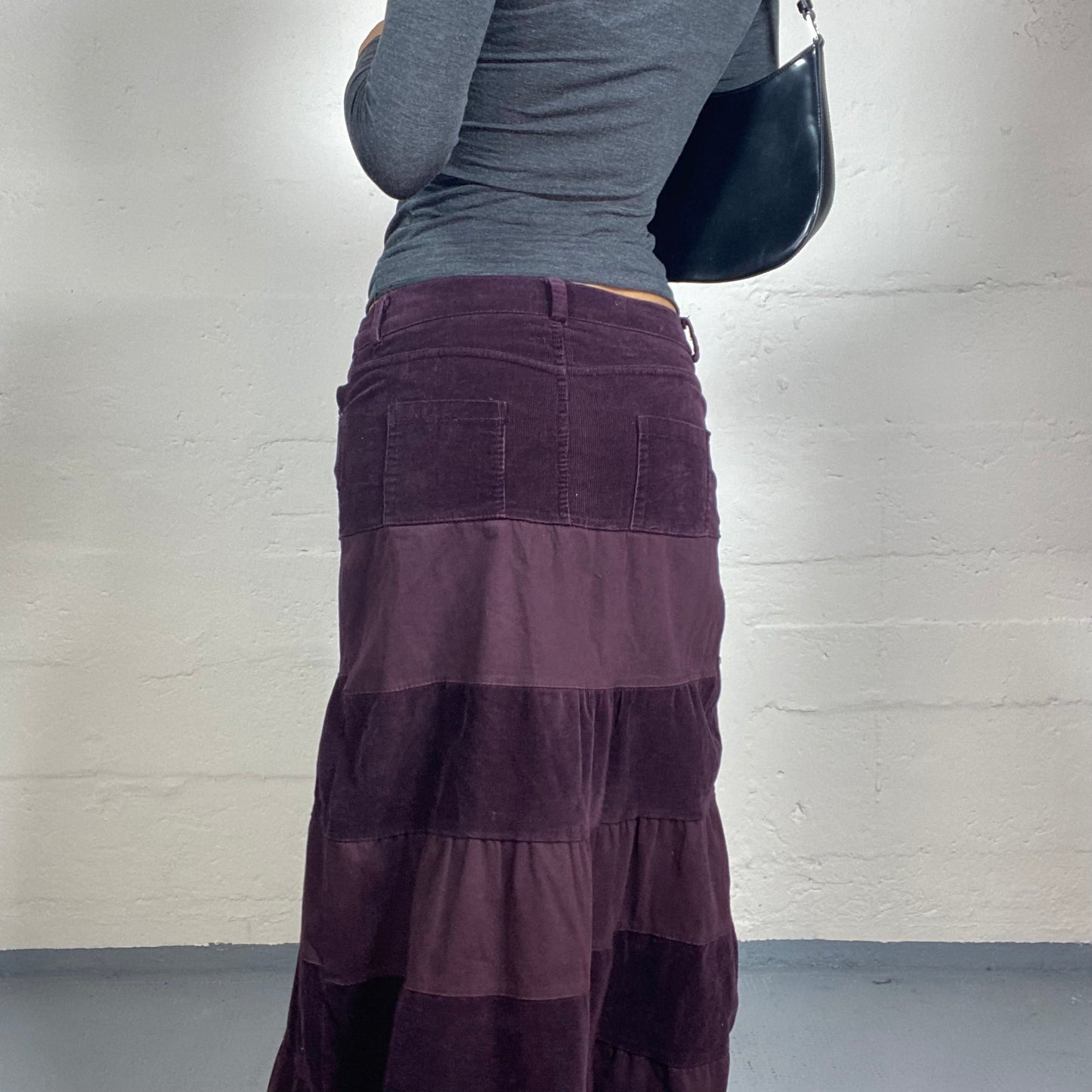Vintage 2000's Vamp Girl Deep Purple  Denim and Velvet Striped Ruffled Maxi Skirt (S)