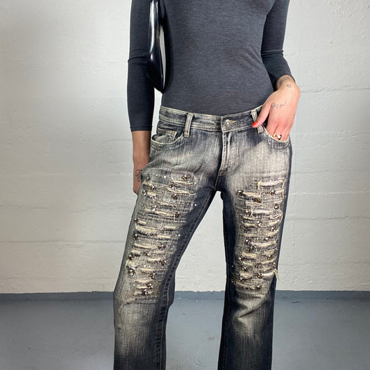 Vintage 2000's Glamorous Black Bootcut Beige Wash Out Denim Jeans with Decorative Covered in Rhinestones Cuts (XL)