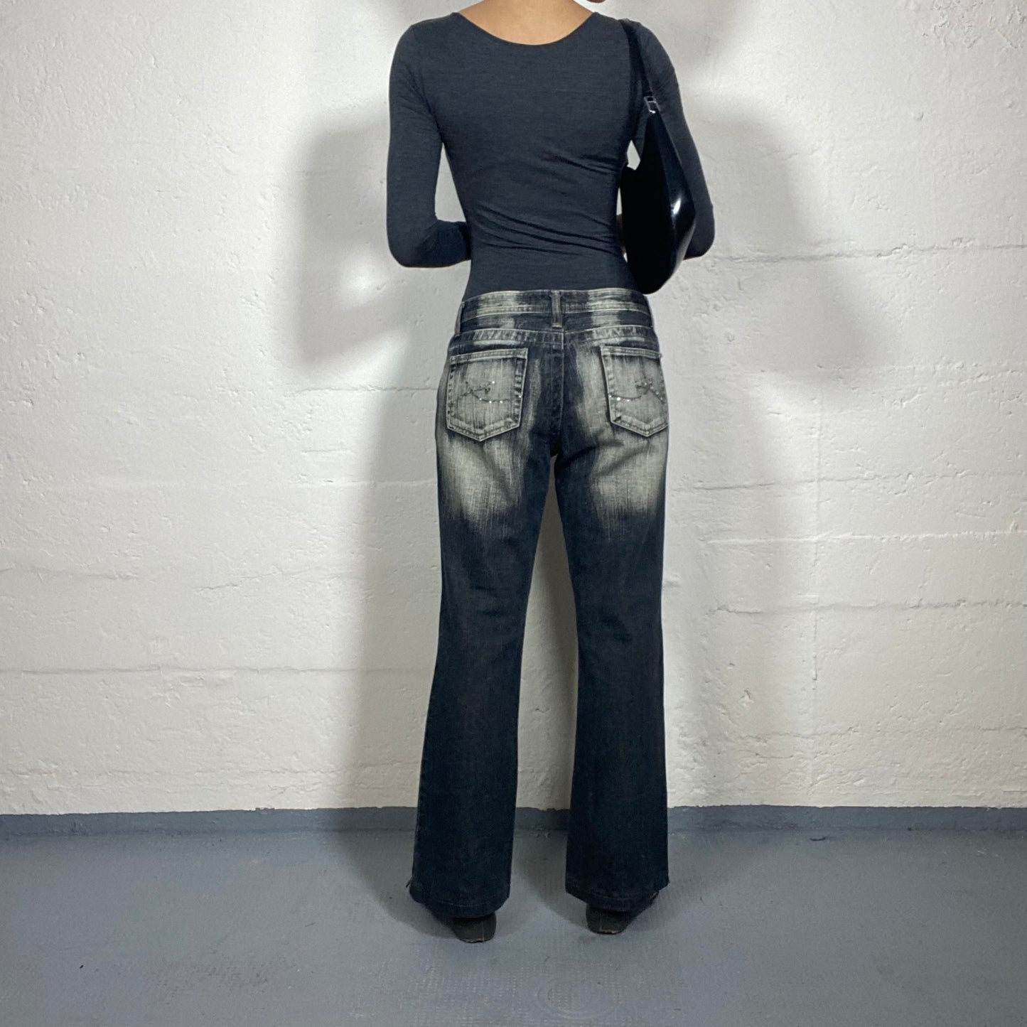 Vintage 2000's Glamorous Black Bootcut Beige Wash Out Denim Jeans with Decorative Covered in Rhinestones Cuts (XL)