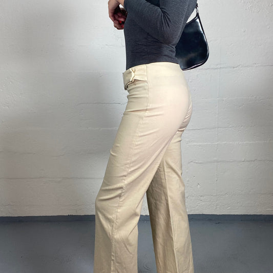 Vintage 2000's Office Girl Classy Creamy Straight Cut Pants with Metal Detailed Belt (S)