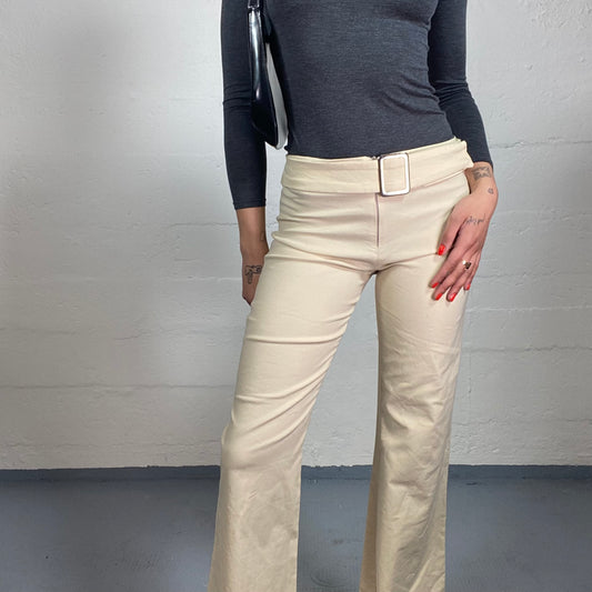 Vintage 2000's Office Girl Classy Creamy Straight Cut Pants with Metal Detailed Belt (S)
