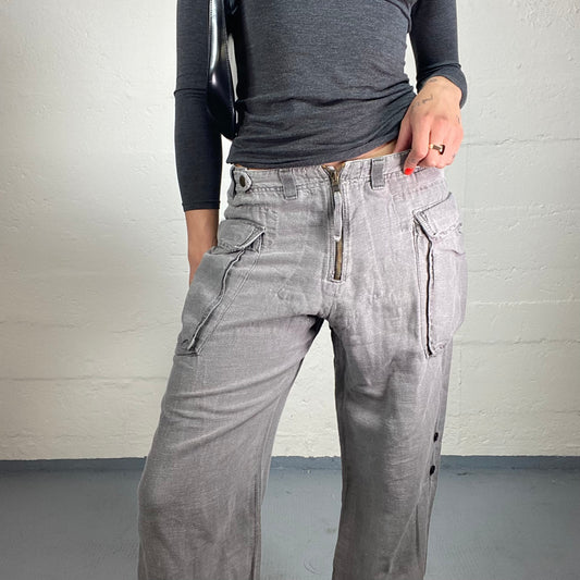 Vintage 2000's Guess Summer Light Grey Linen Wide Leg Cut Zip Up Pants (M)