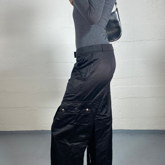 Vintage 2000's Glam Night Out Black Silky Baggy Pants with Oversized Pockets and Hanging Stripes (M)