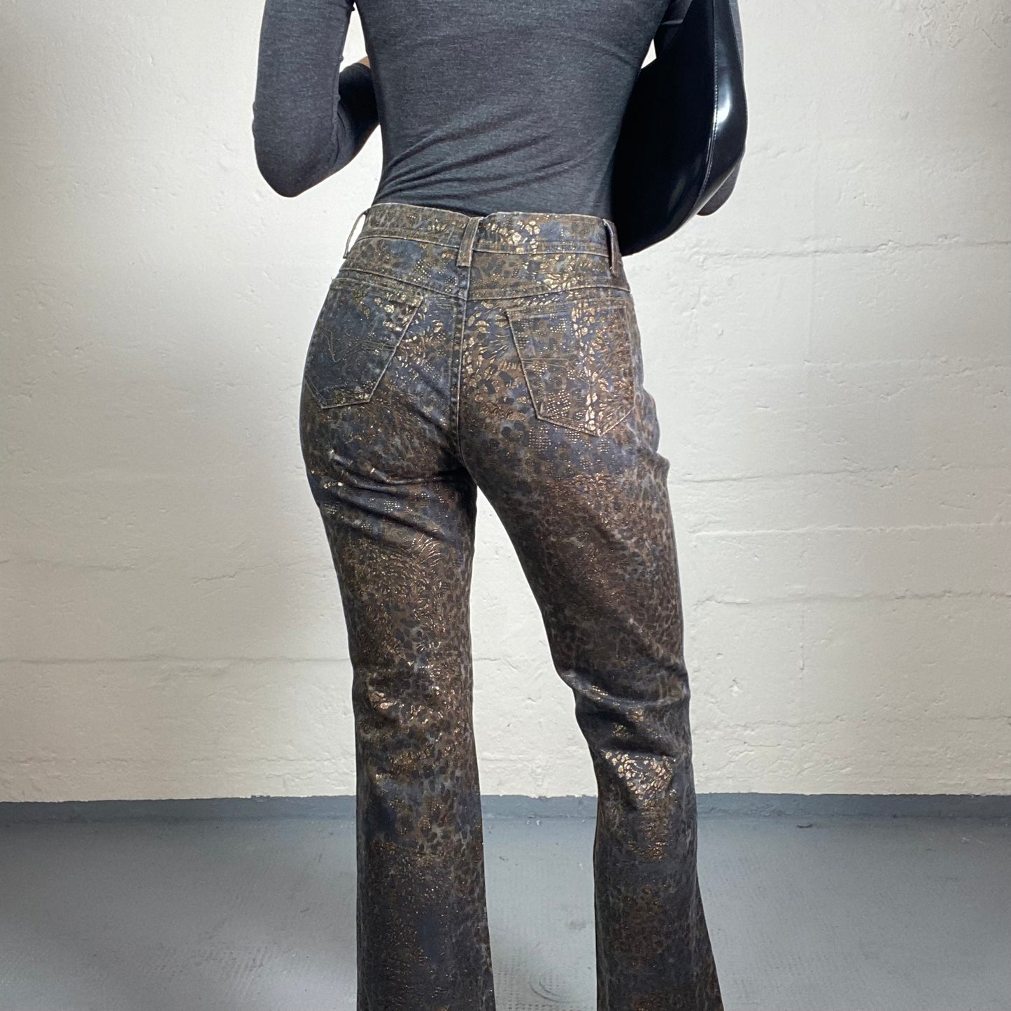 Vintage 2000's Burlesque Dark Blue Denim Bootcut Jeans with Golden Boho Style Animal Print (S)