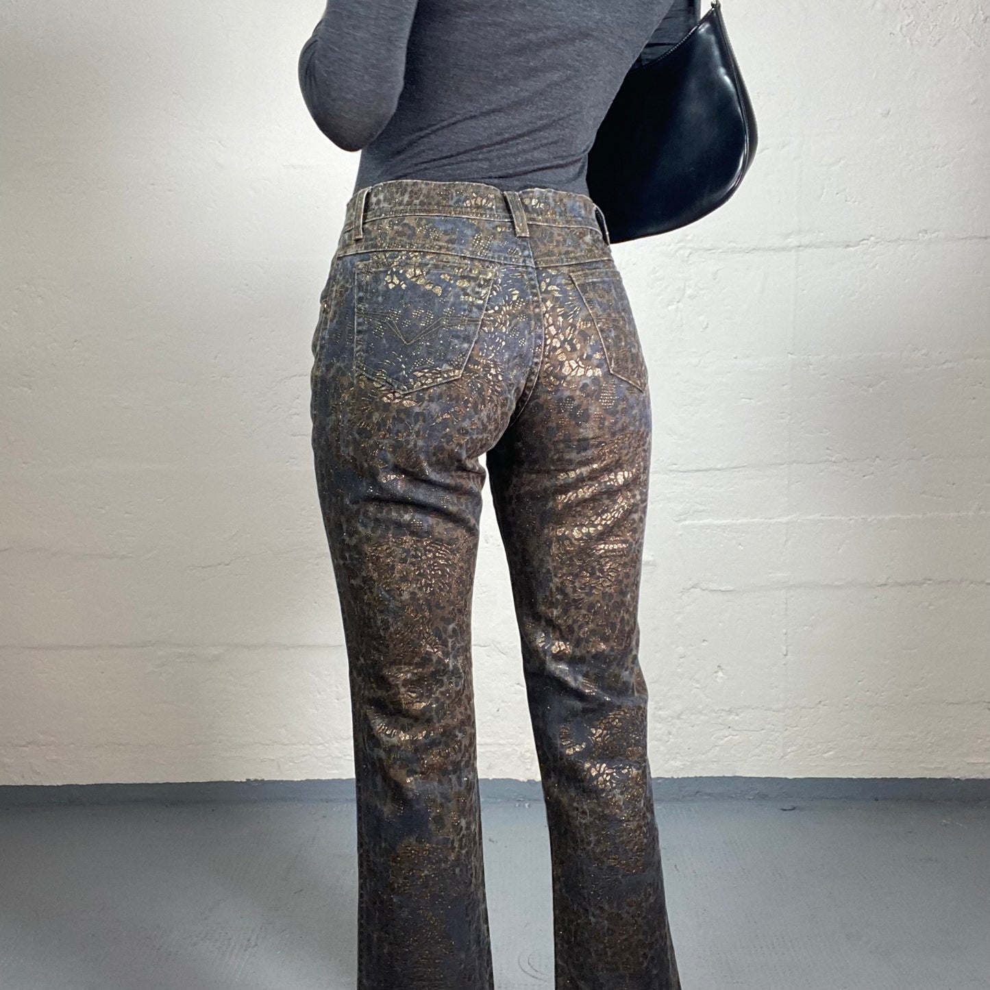 Vintage 2000's Burlesque Dark Blue Denim Bootcut Jeans with Golden Boho Style Animal Print (S)