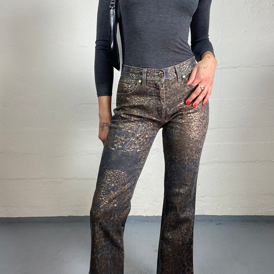Vintage 2000's Burlesque Dark Blue Denim Bootcut Jeans with Golden Boho Style Animal Print (S)