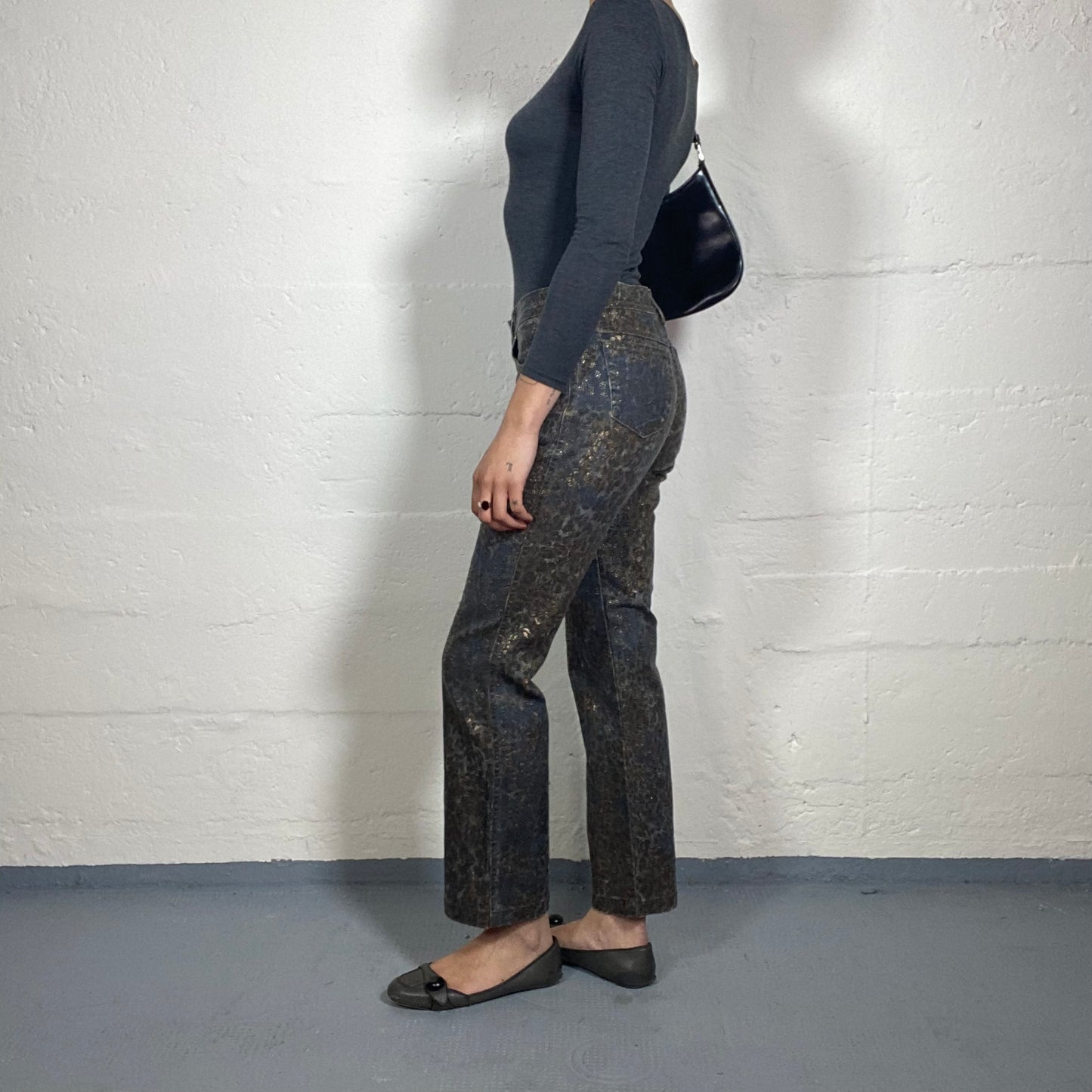 Vintage 2000's Burlesque Dark Blue Denim Bootcut Jeans with Golden Boho Style Animal Print (S)