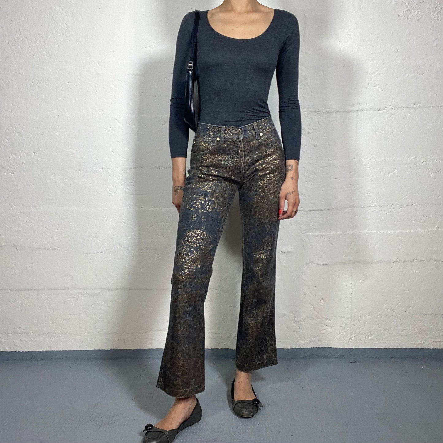 Vintage 2000's Burlesque Dark Blue Denim Bootcut Jeans with Golden Boho Style Animal Print (S)