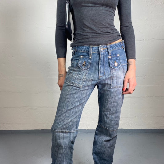 Vintage 2000's Downtown Girl Faded Wash Blue Denim Striped Straight Cut Jeans with Pockets (M)