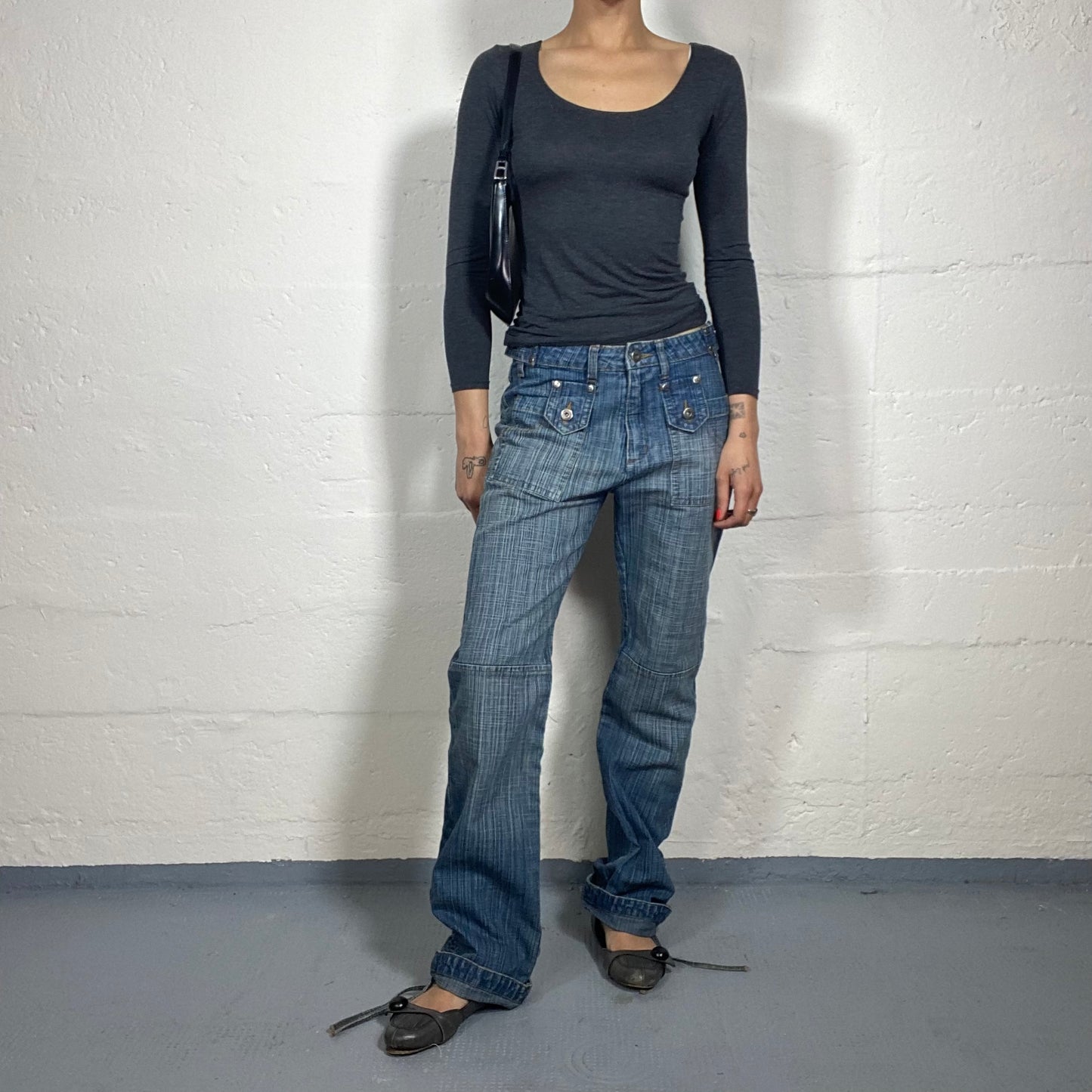 Vintage 2000's Downtown Girl Faded Wash Blue Denim Striped Straight Cut Jeans with Pockets (M)