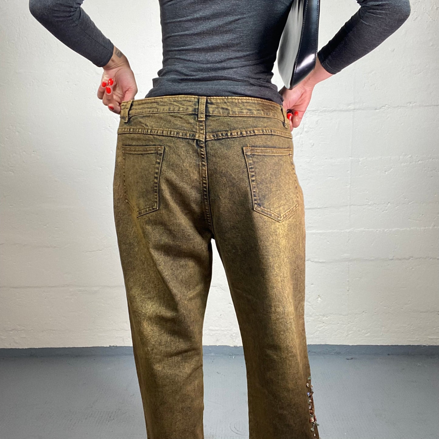 Vintage 2000's Western Style Brown Flare Jeans with Lace and Sequins Bell Bottom Embroidery (L)