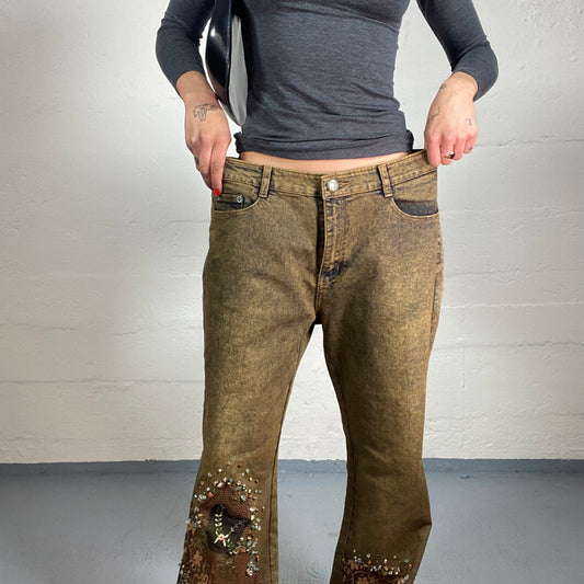 Vintage 2000's Western Style Brown Flare Jeans with Lace and Sequins Bell Bottom Embroidery (L)