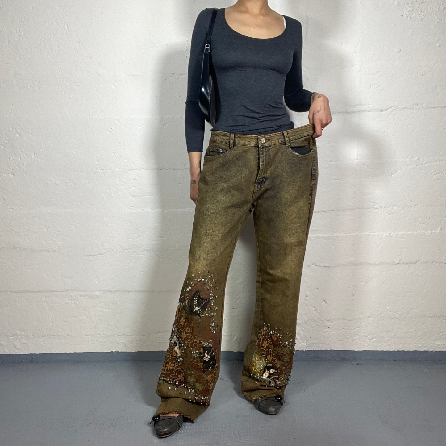 Vintage 2000's Western Style Brown Flare Jeans with Lace and Sequins Bell Bottom Embroidery (L)