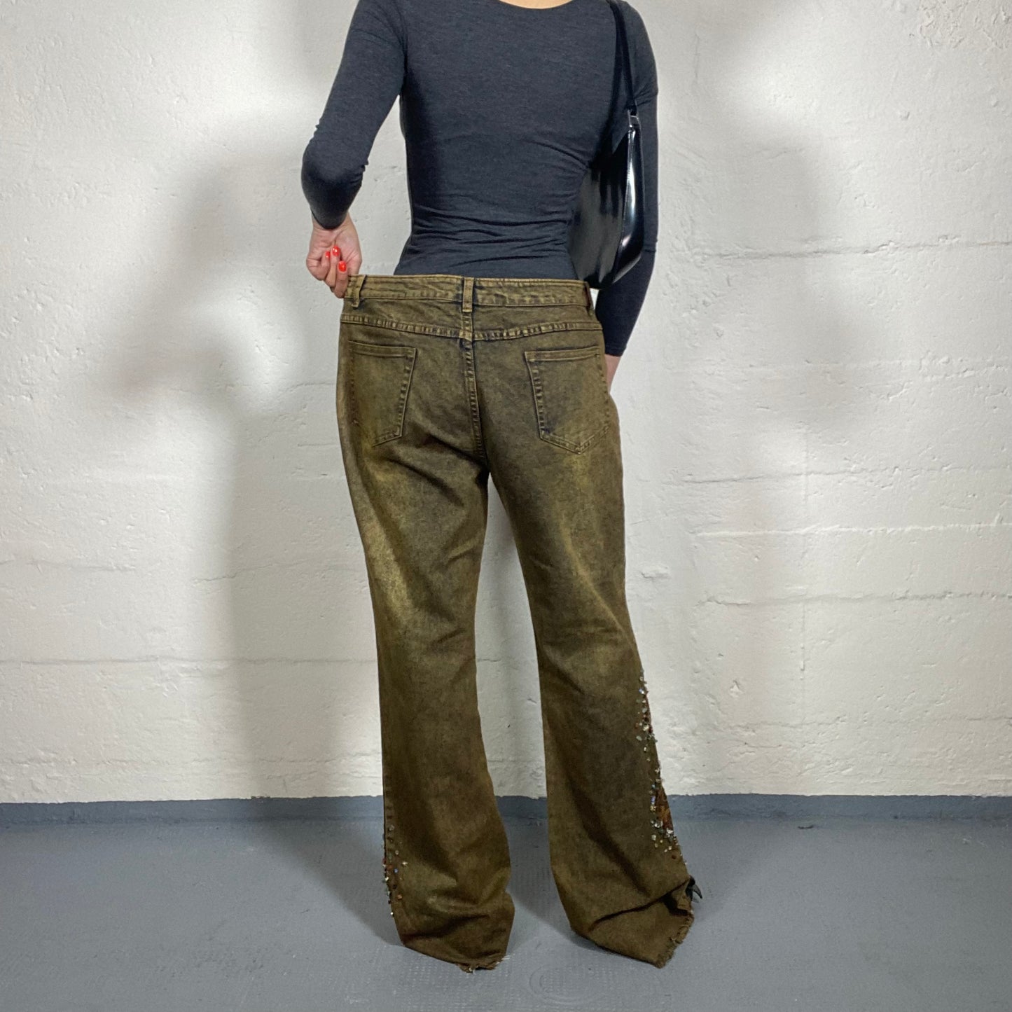 Vintage 2000's Western Style Brown Flare Jeans with Lace and Sequins Bell Bottom Embroidery (L)