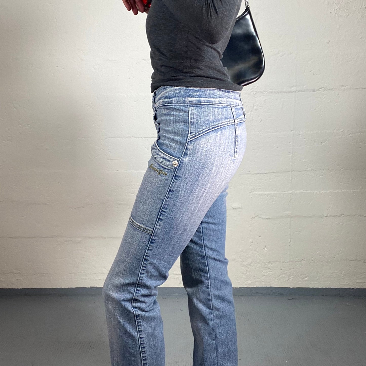 Vintage 2000's Downtown Girl Light Denim Striped Bootcut Jeans with Double Button Waistband (S)