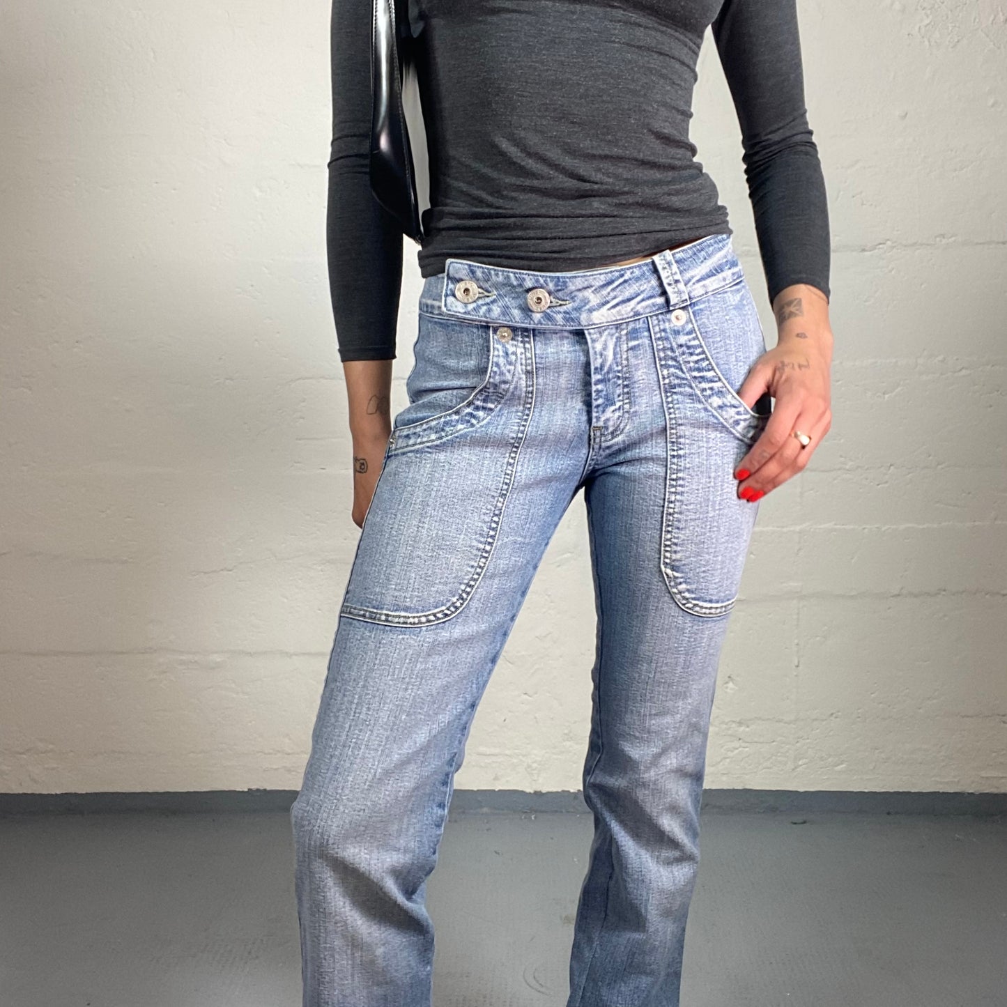 Vintage 2000's Downtown Girl Light Denim Striped Bootcut Jeans with Double Button Waistband (S)