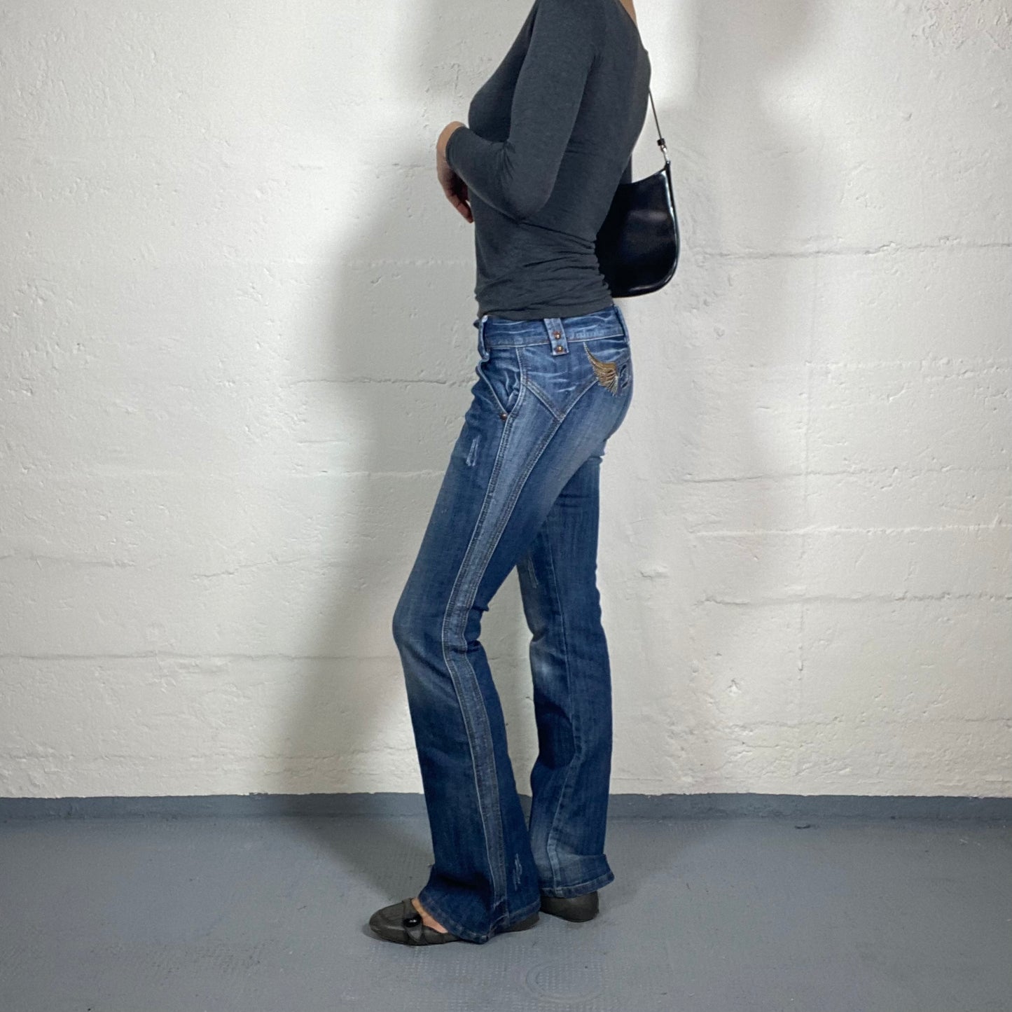 Vintage 2000's Downtown Girl Low Rise Bootcut Classic Blue Jeans with Hello Wings Back Embroidery (S)