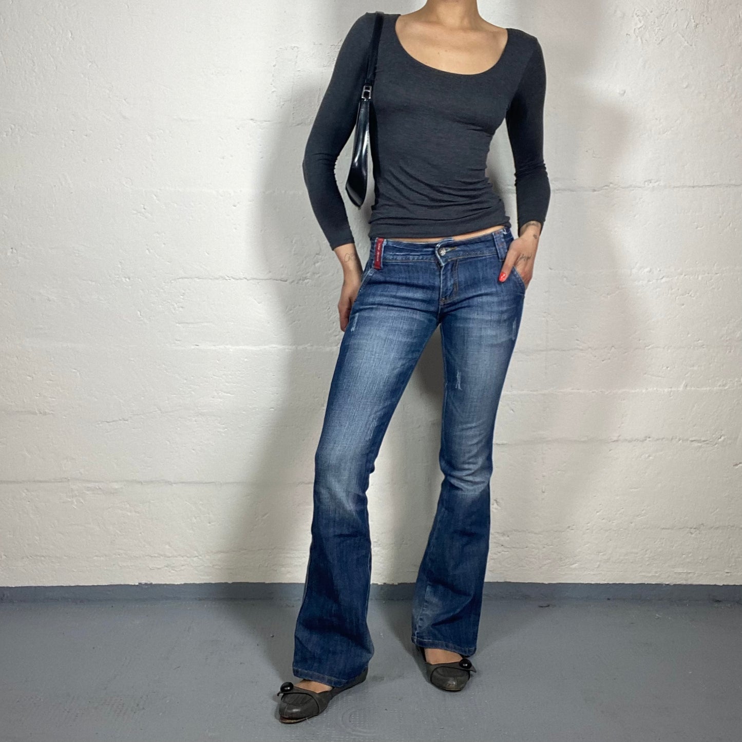 Vintage 2000's Downtown Girl Low Rise Bootcut Classic Blue Jeans with Hello Wings Back Embroidery (S)