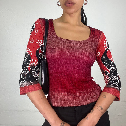 Vintage 2000’s Summer Boho Girl Red 2/4 Sleeve Printed and Sequin Decorated Top (M)