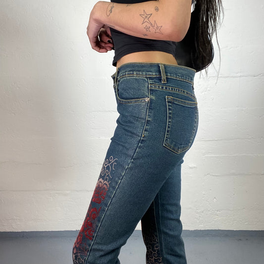 Vintage 90’ Boho Dark Denim High Waisted Straight Fit Jeans with Red Flower Print (M)