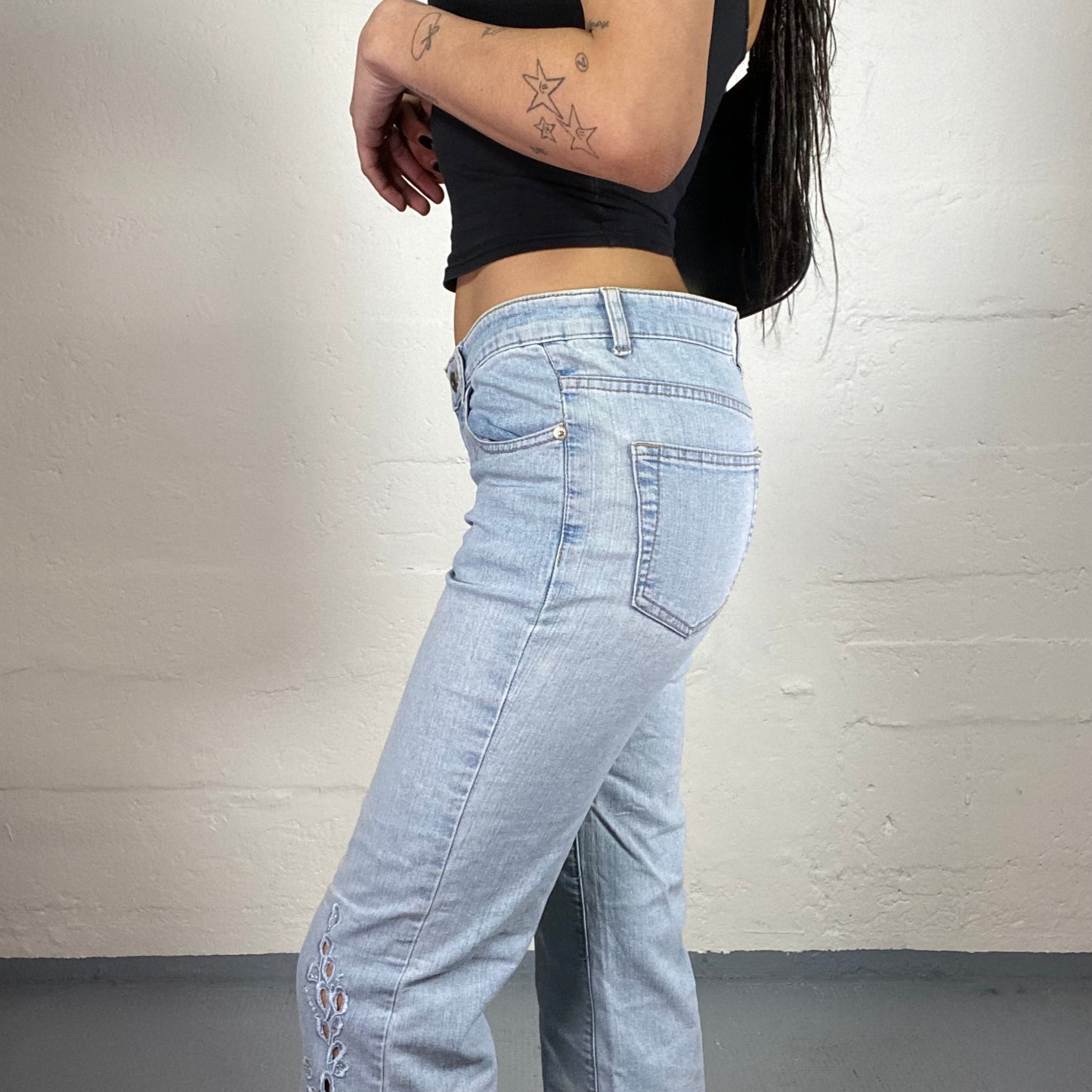 Vintage 90’ Diesel Mid Rise Flare Light Wash Jeans with Floral Cut-Out Embroidery (S/M)