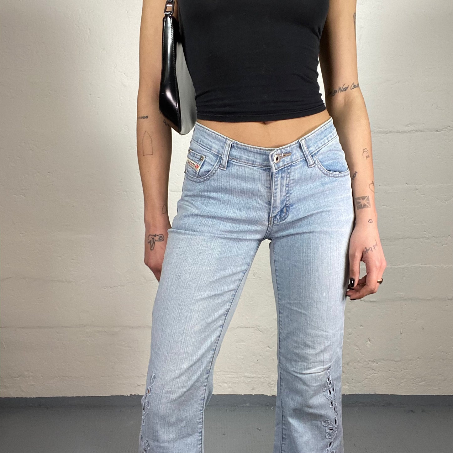 Vintage 90’ Diesel Mid Rise Flare Light Wash Jeans with Floral Cut-Out Embroidery (S/M)