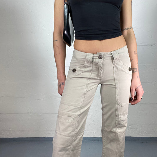 Vintage 90’ Classic Low Waisted Flare Beige Pants with Pocket Button Details (XS)