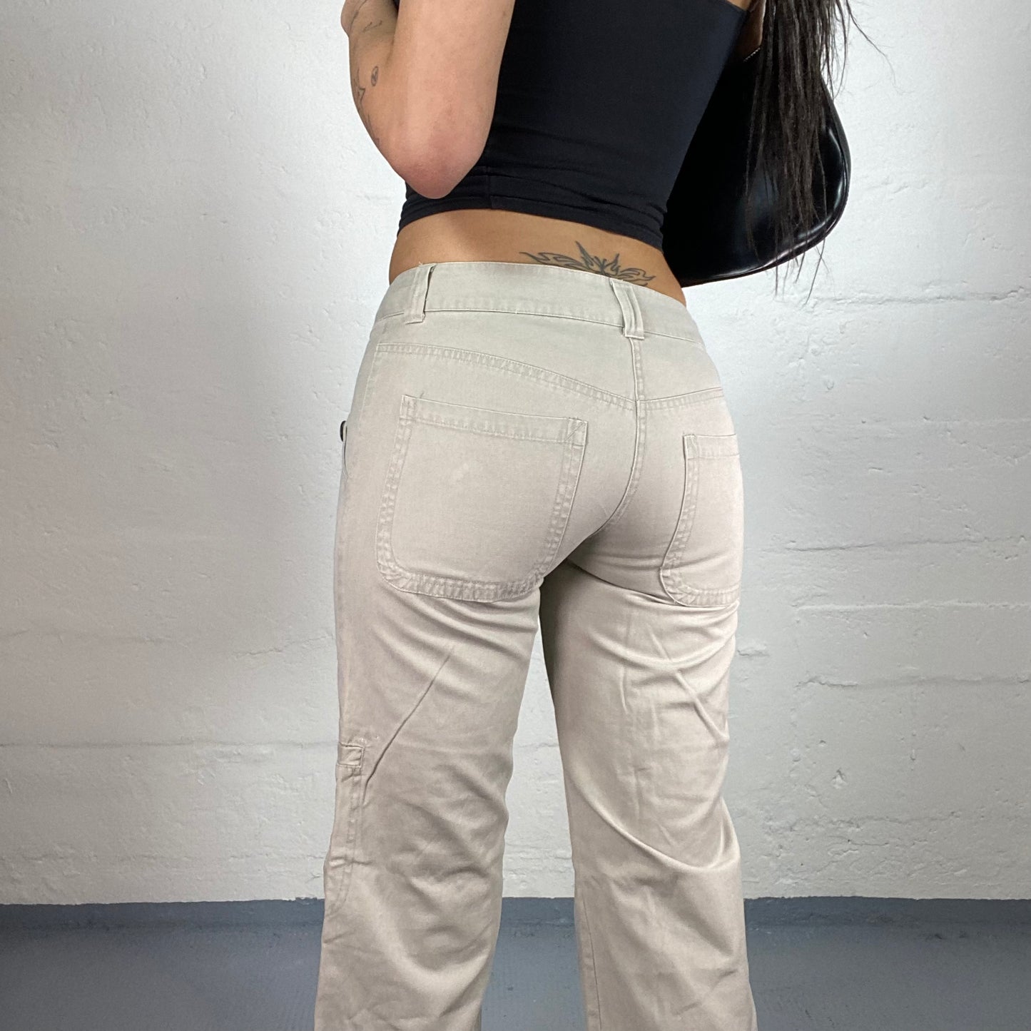 Vintage 90’ Classic Low Waisted Flare Beige Pants with Pocket Button Details (XS)