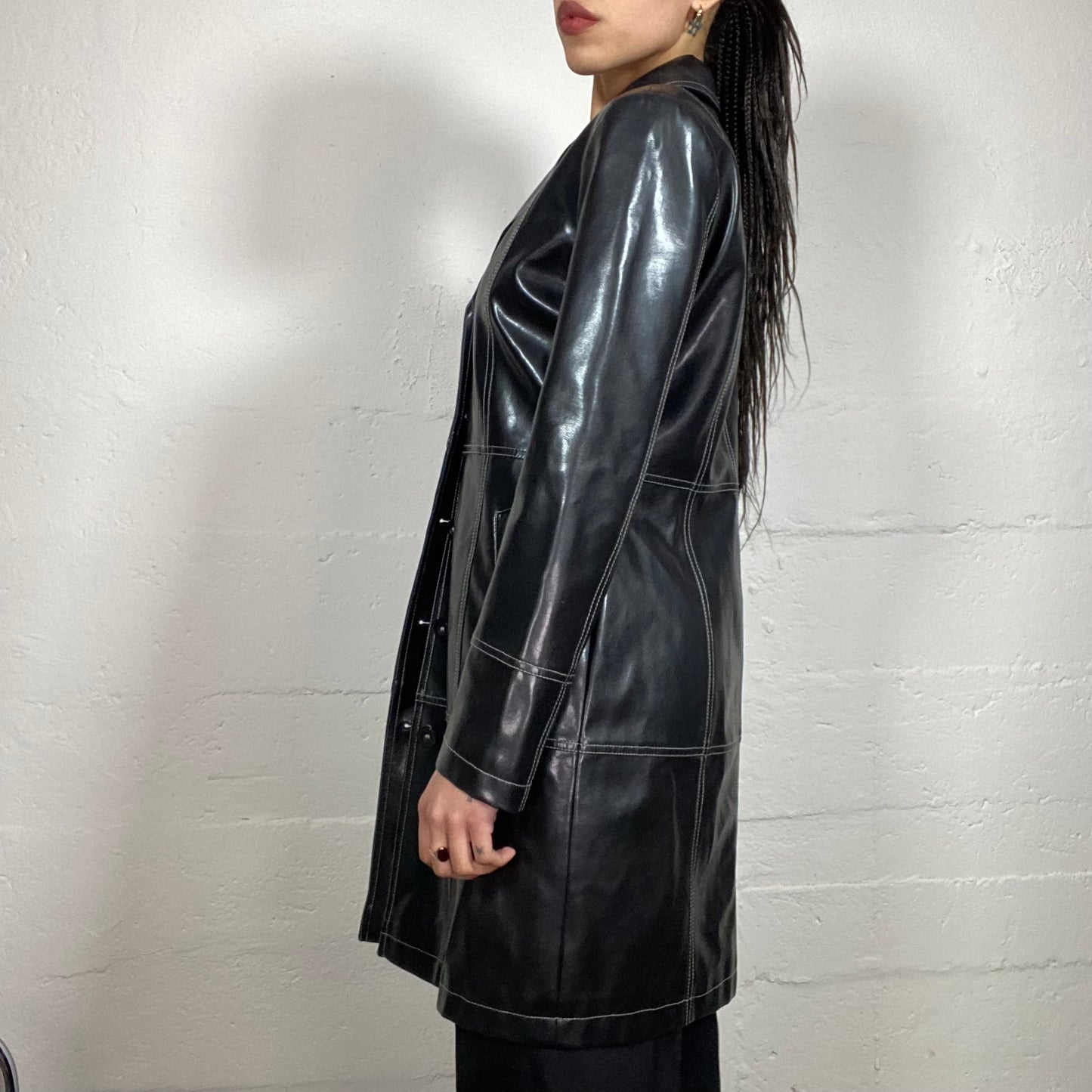 Vintage 90’ Model off Duty Black Glossy Leather Coat with White Contrast Stiching Details (S)