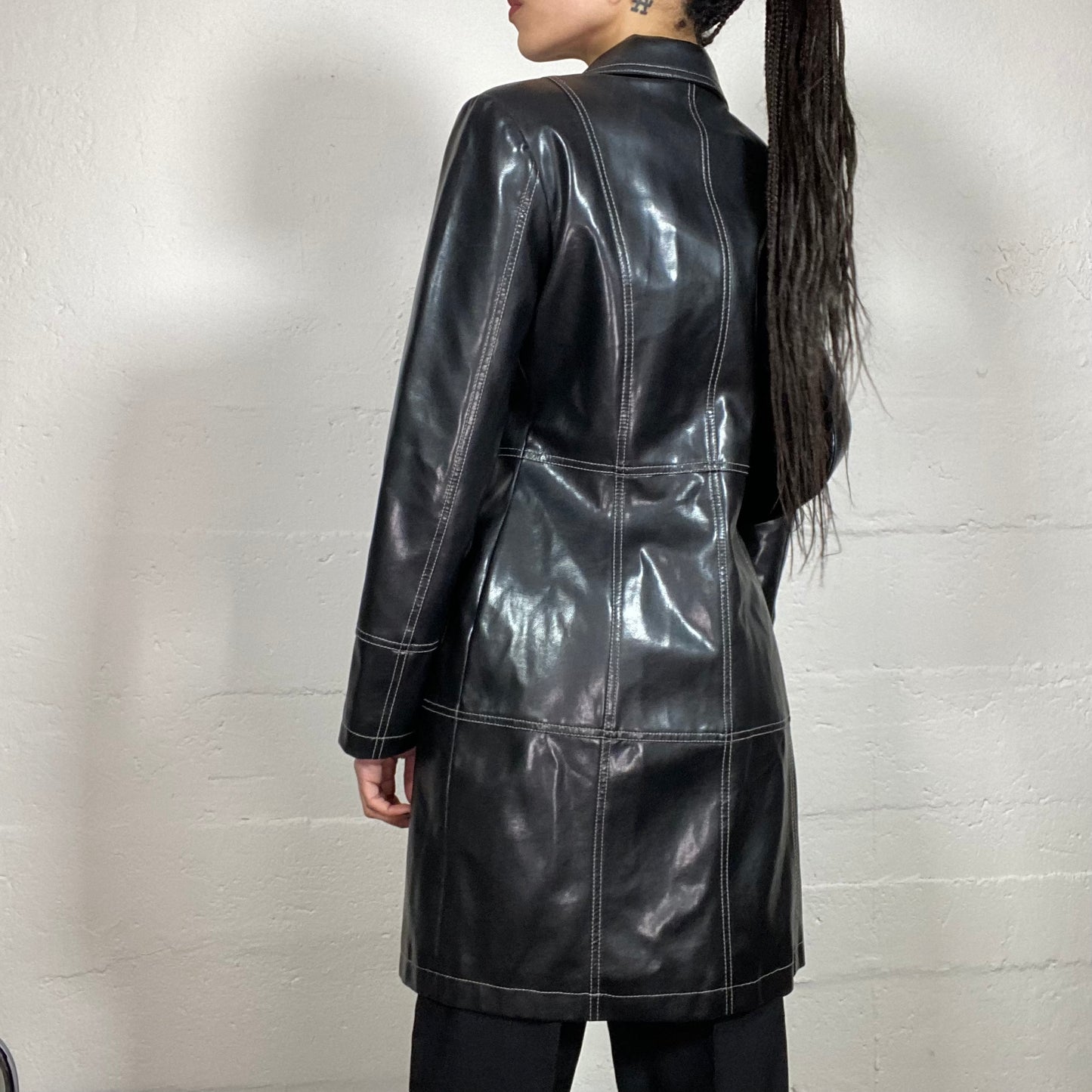 Vintage 90’ Model off Duty Black Glossy Leather Coat with White Contrast Stiching Details (S)