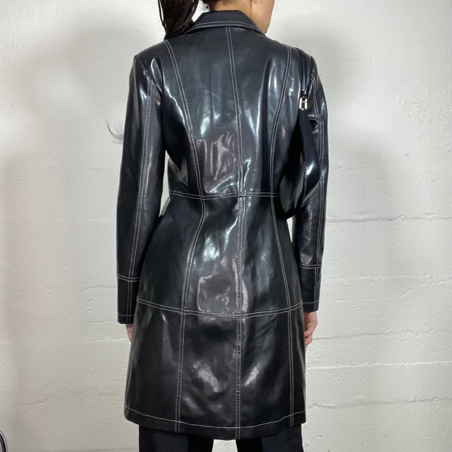 Vintage 90’ Model off Duty Black Glossy Leather Coat with White Contrast Stiching Details (S)