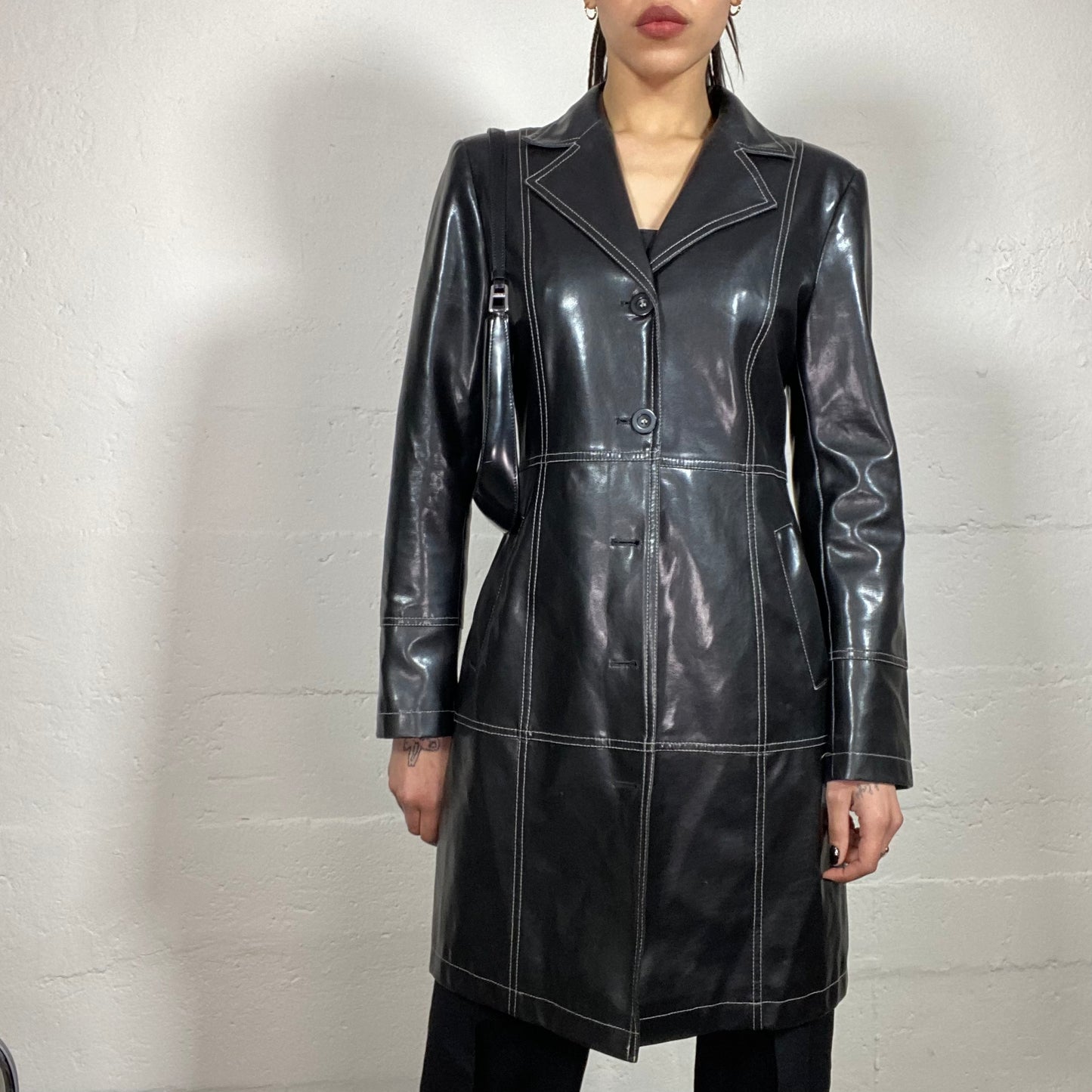 Vintage 90’ Model off Duty Black Glossy Leather Coat with White Contrast Stiching Details (S)