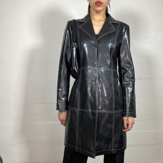 Vintage 90’ Model off Duty Black Glossy Leather Coat with White Contrast Stiching Details (S)