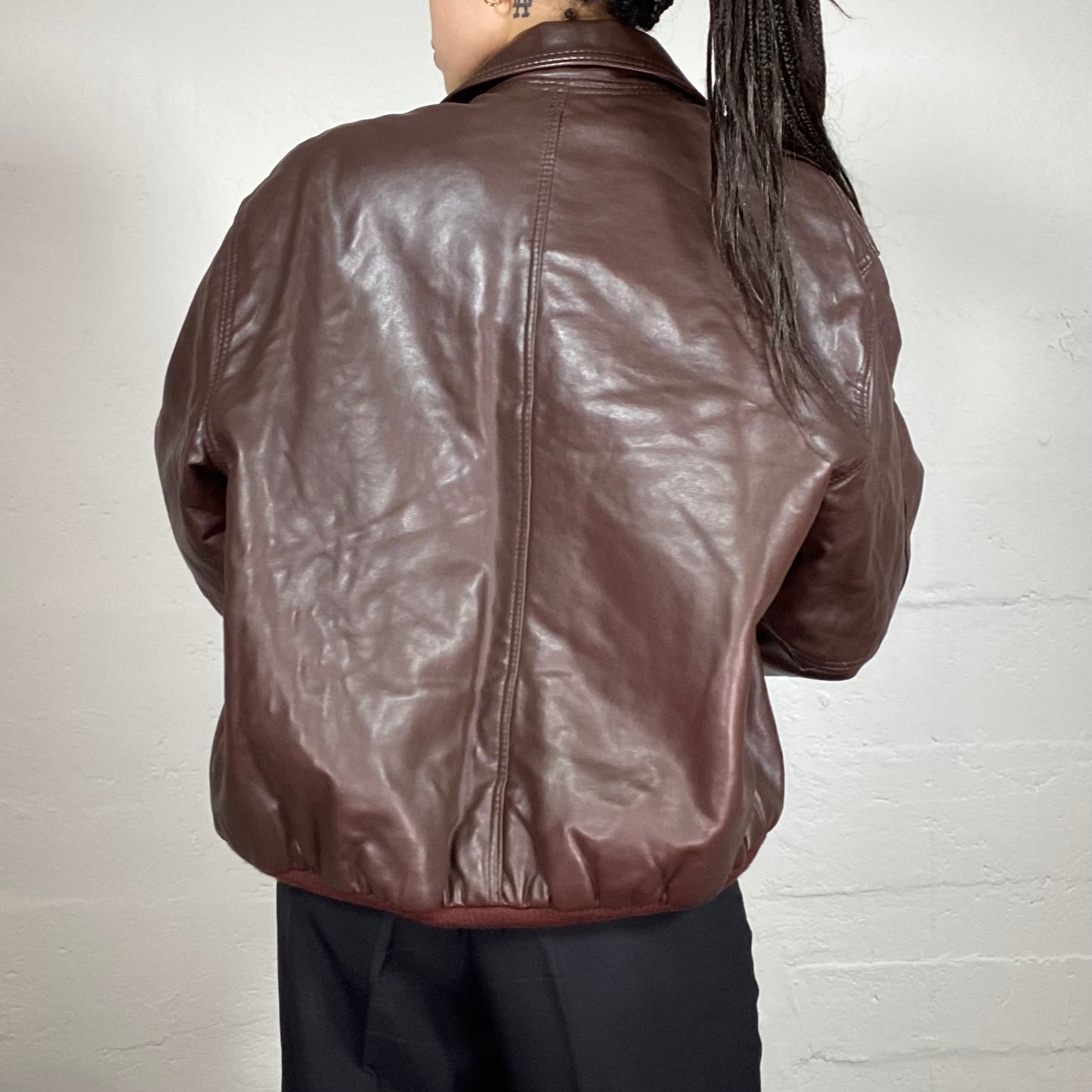 Vintage 90’ Streetwear Brown Faux Leather Bomber Jacket (M)