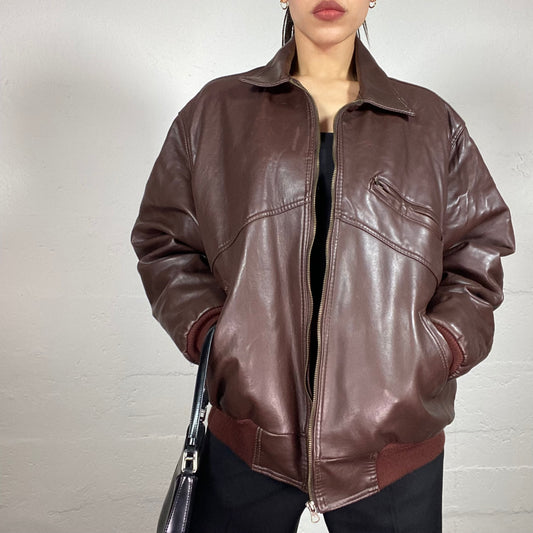 Vintage 90’ Streetwear Brown Faux Leather Bomber Jacket (M)