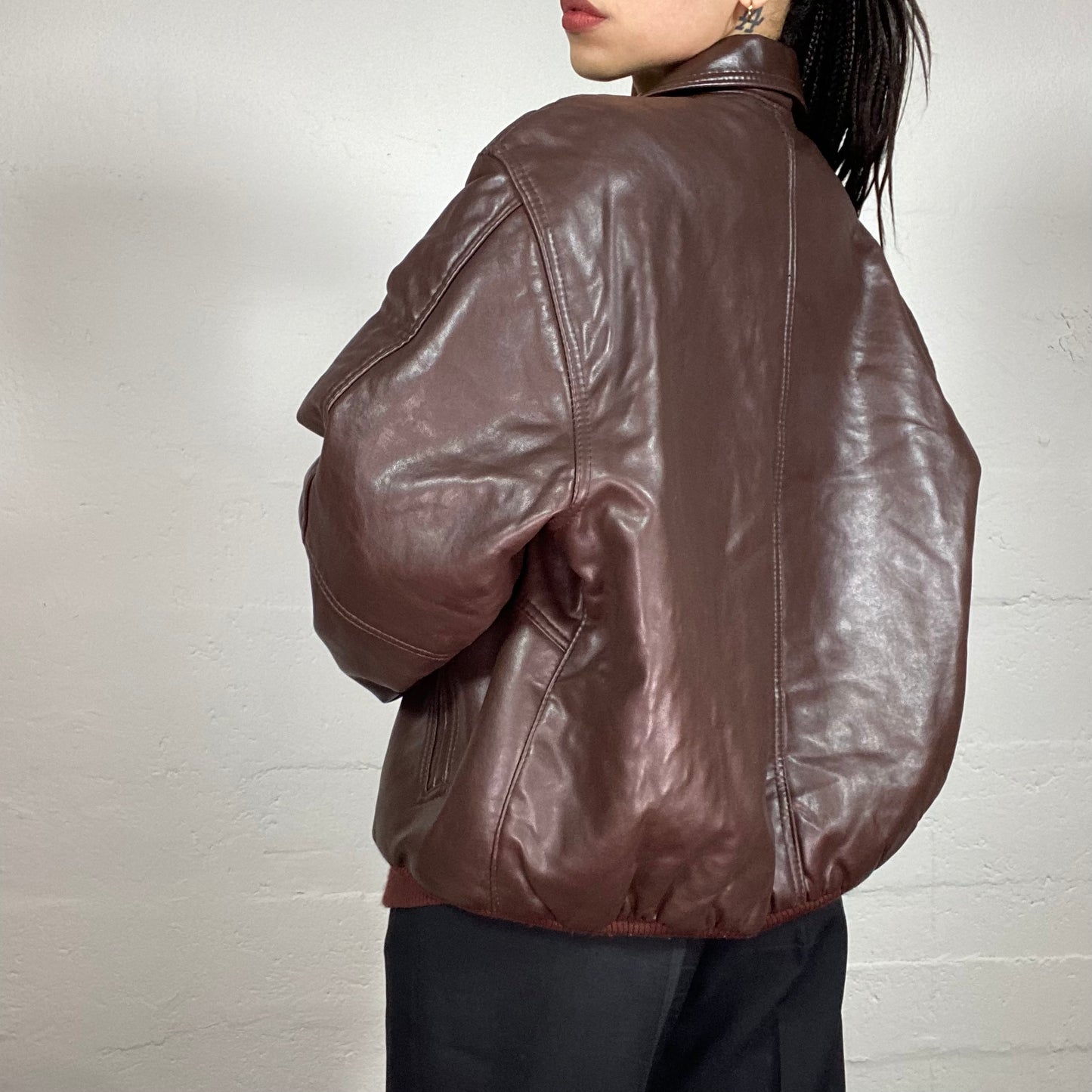 Vintage 90’ Streetwear Brown Faux Leather Bomber Jacket (M)