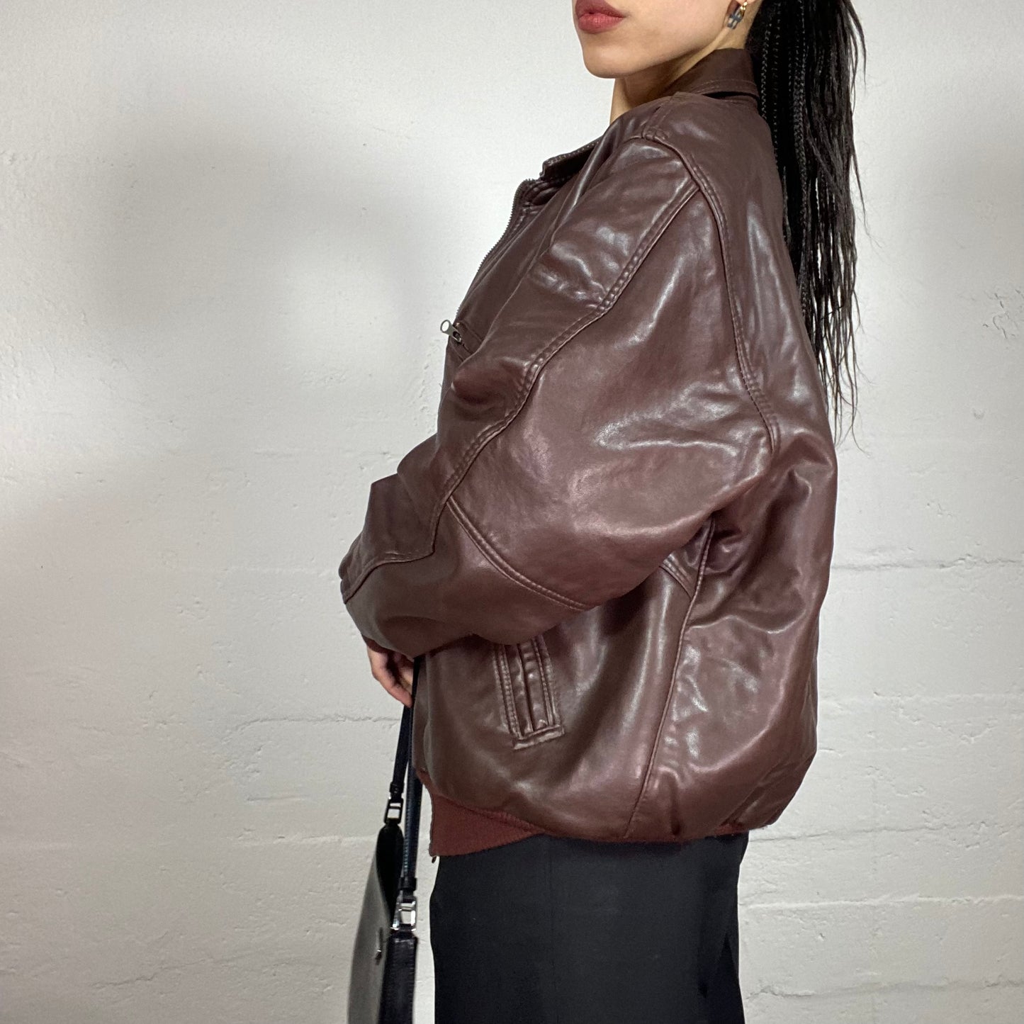 Vintage 90’ Streetwear Brown Faux Leather Bomber Jacket (M)