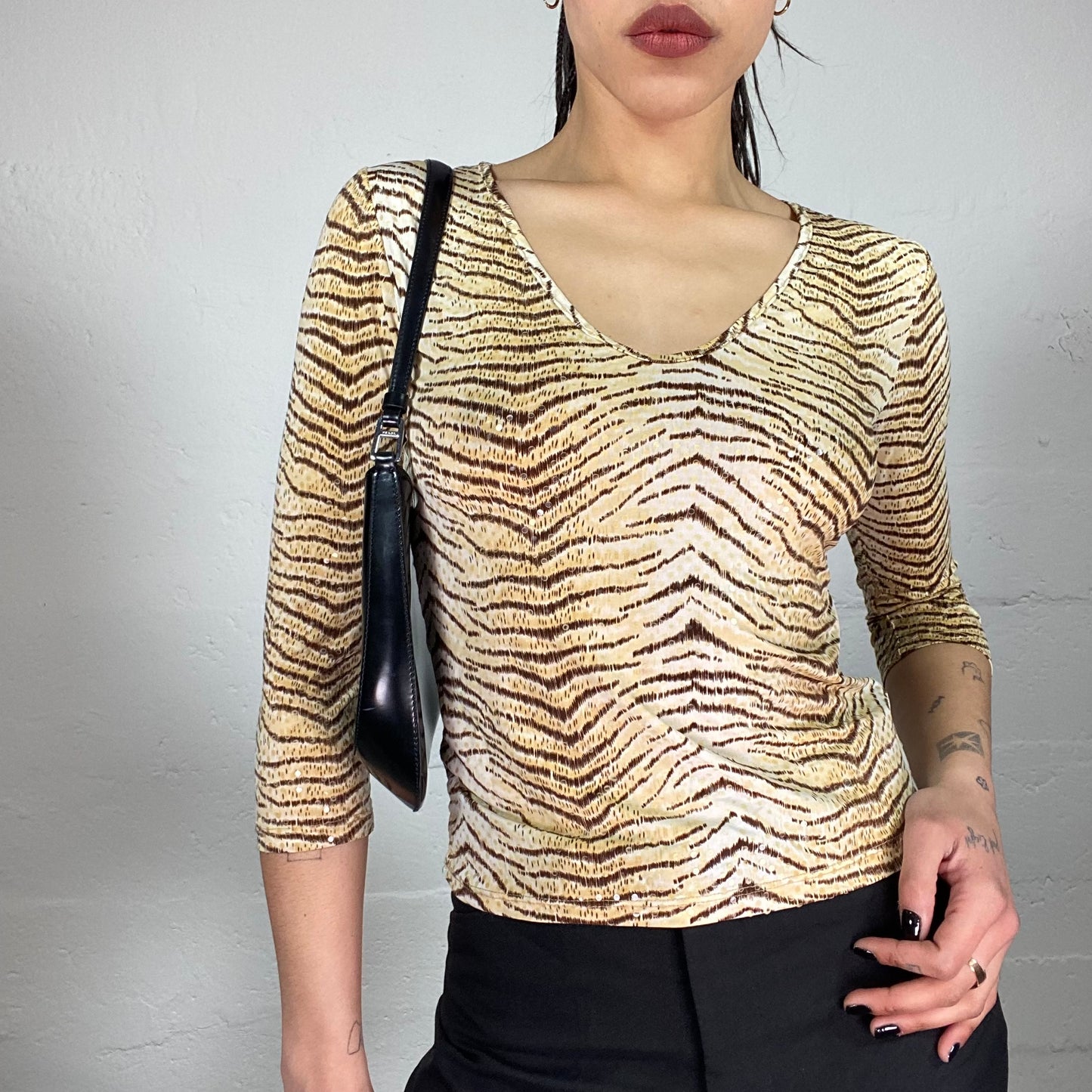 Vintage 90’ Clubwear 3/4 Sleeves Slim Fitted Tiger Print Top with Shiny Effect Material (S)