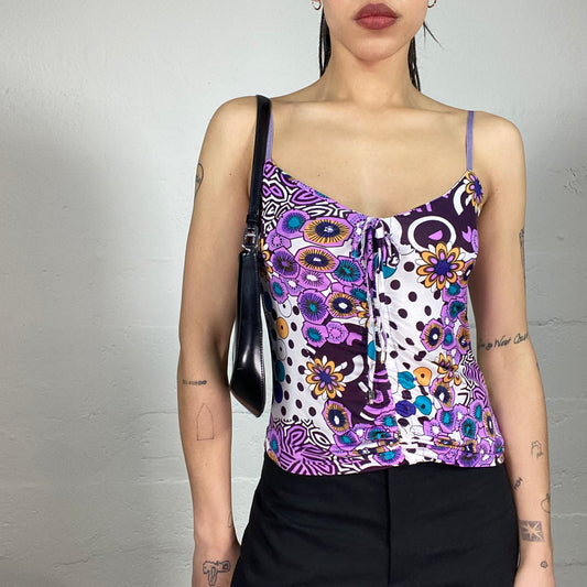 Vintage 90’ Summer Purple Cami Top with Colourful Print and Matching Ribbon Detail (XS/S)