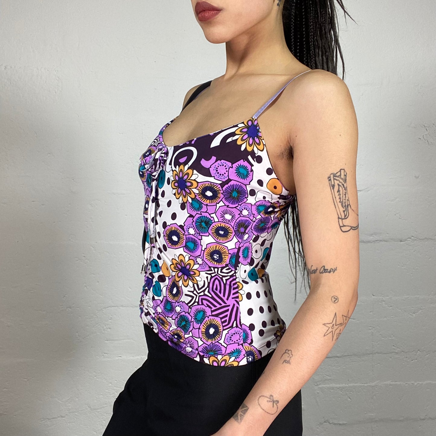 Vintage 90’ Summer Purple Cami Top with Colourful Print and Matching Ribbon Detail (XS/S)