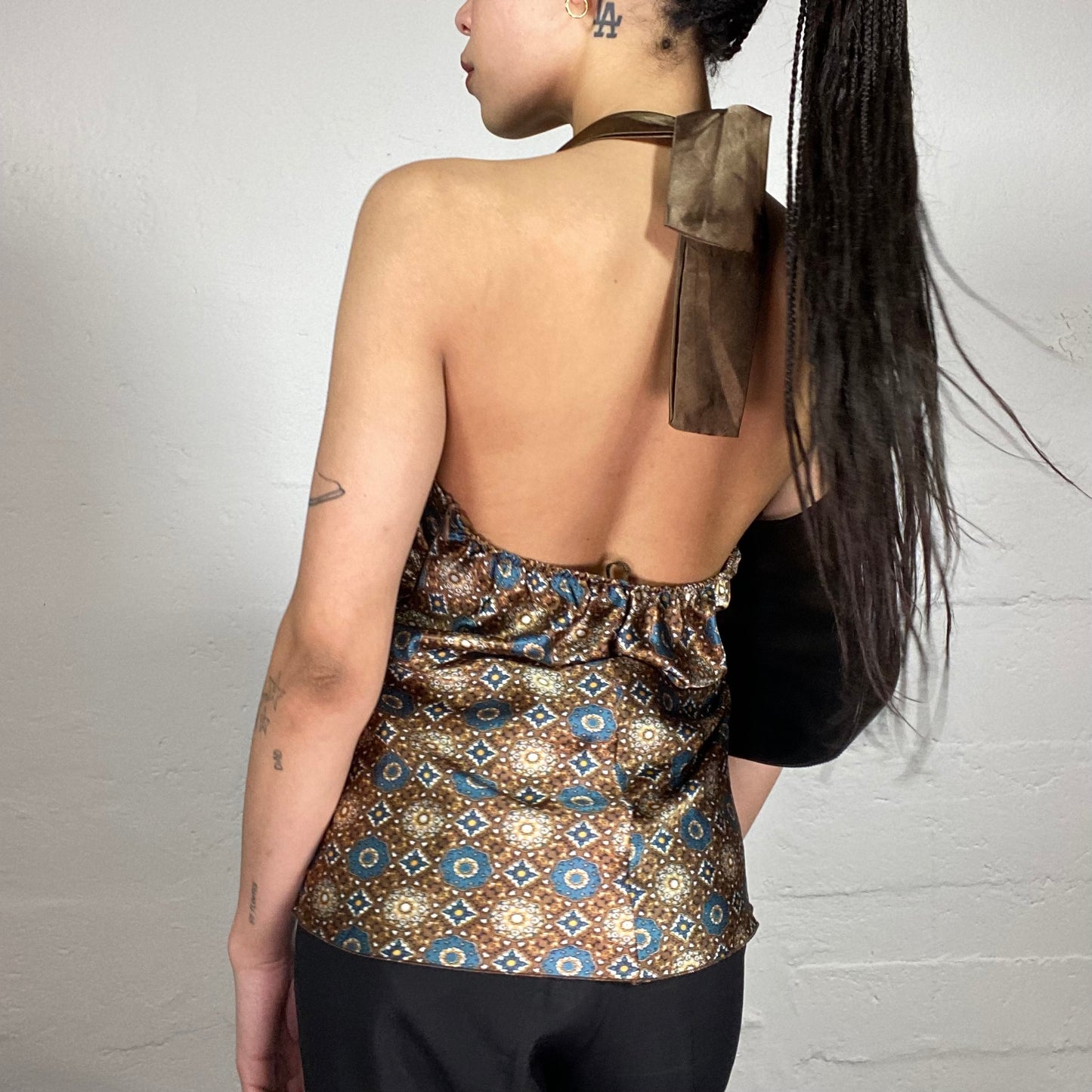 Vintage 90’ Indie Silky Brown Neckholder Top with Mosaic Print (M)