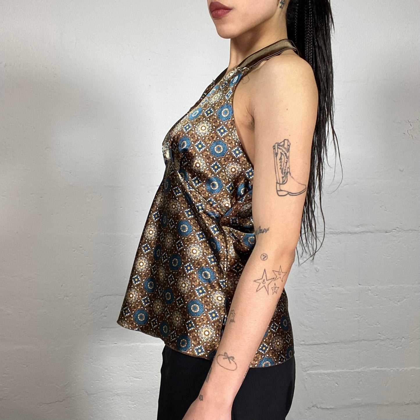 Vintage 90’ Indie Silky Brown Neckholder Top with Mosaic Print (M)