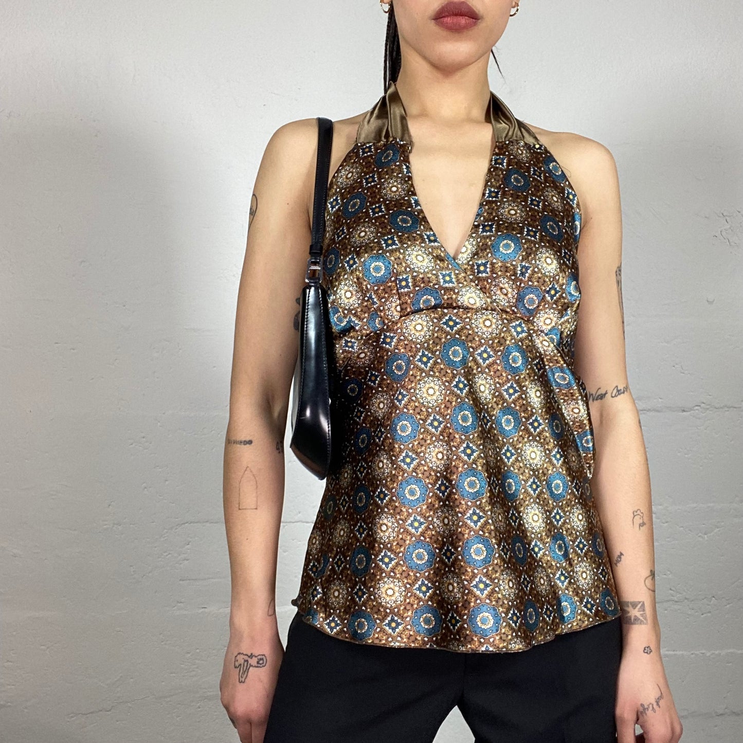 Vintage 90’ Indie Silky Brown Neckholder Top with Mosaic Print (M)